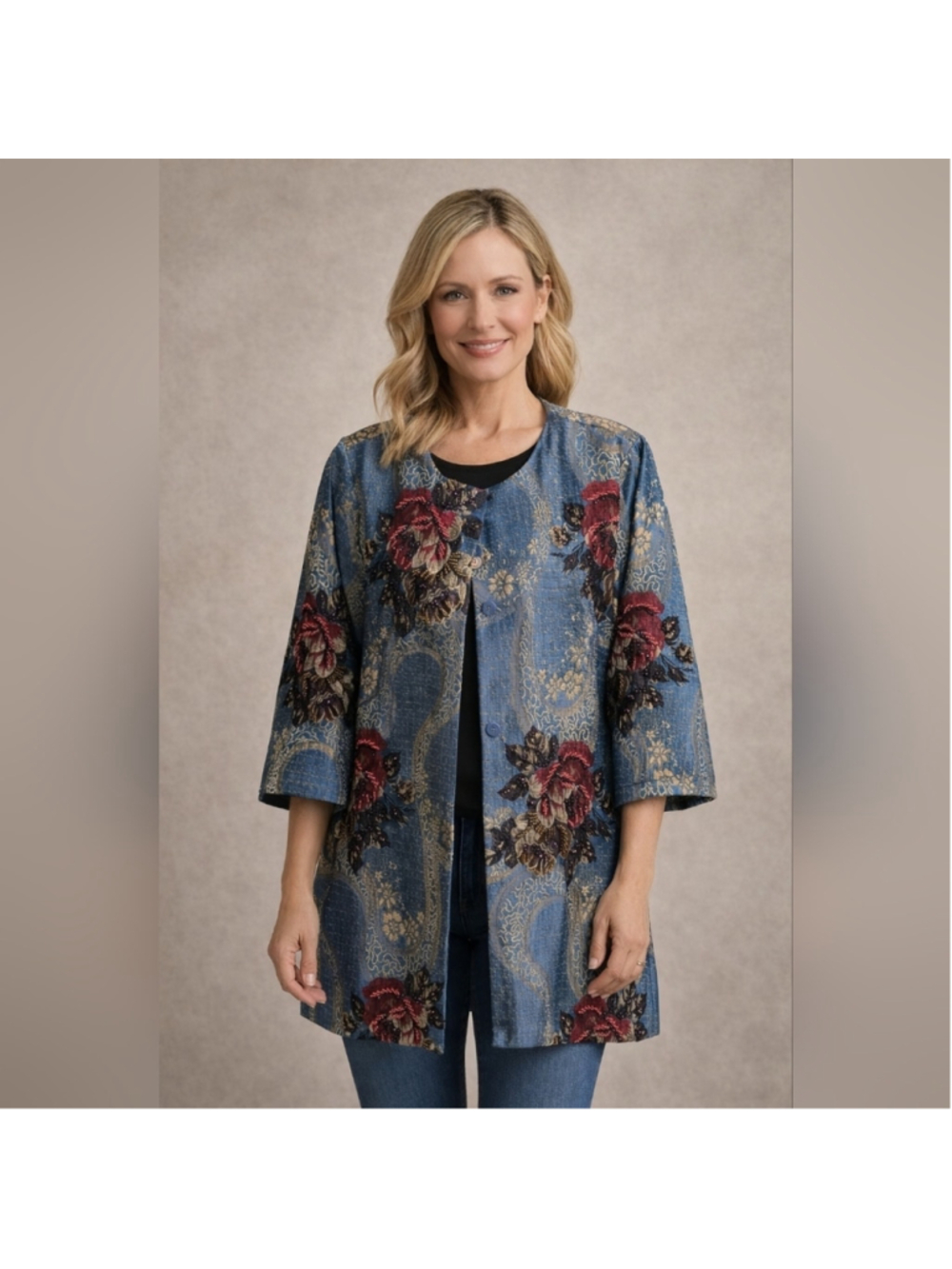 OO LALA Blue Floral Brocade Jacket – Size 2XL